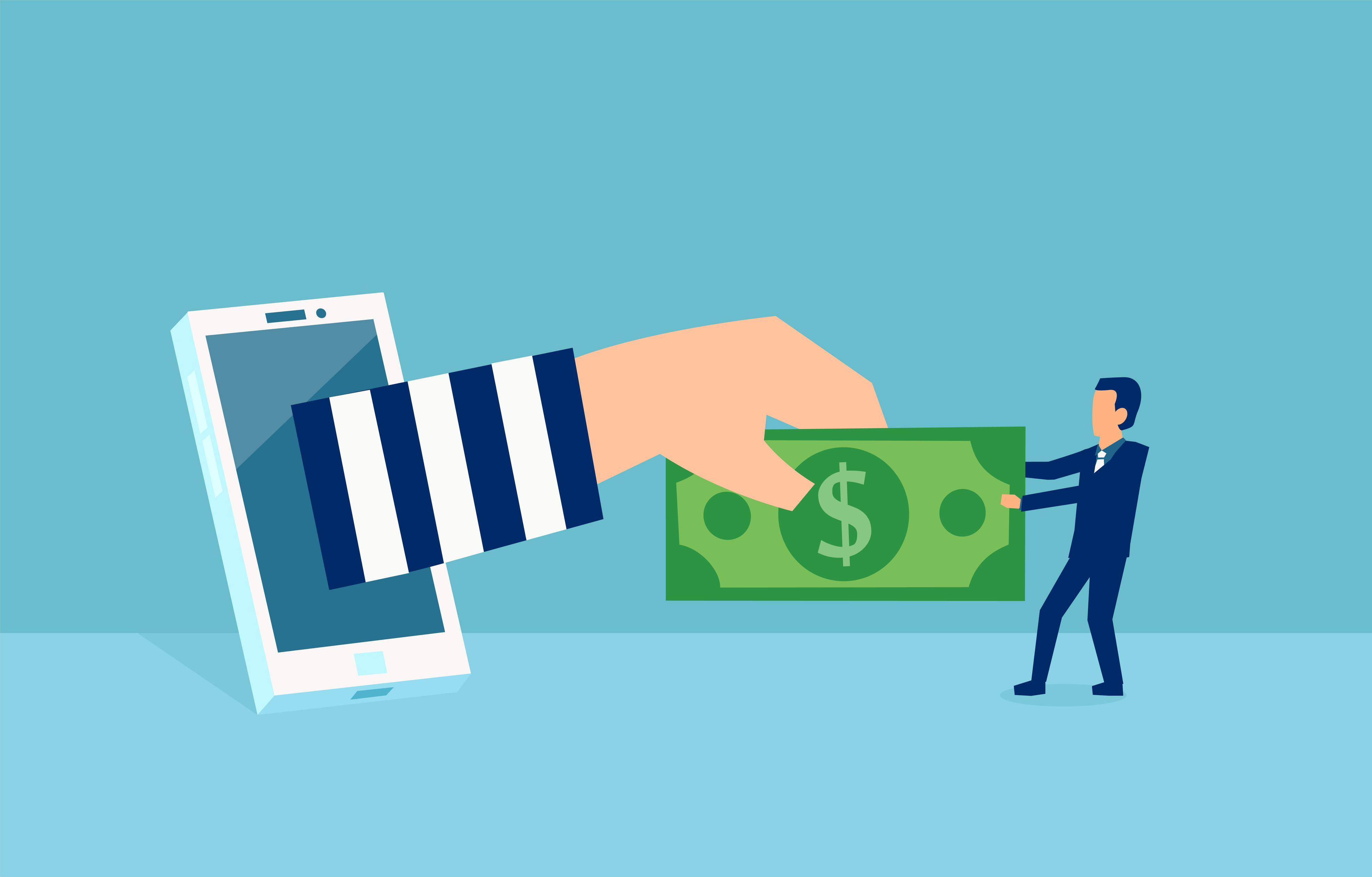 thief reaching through phone screen to take money from guy pulling at money