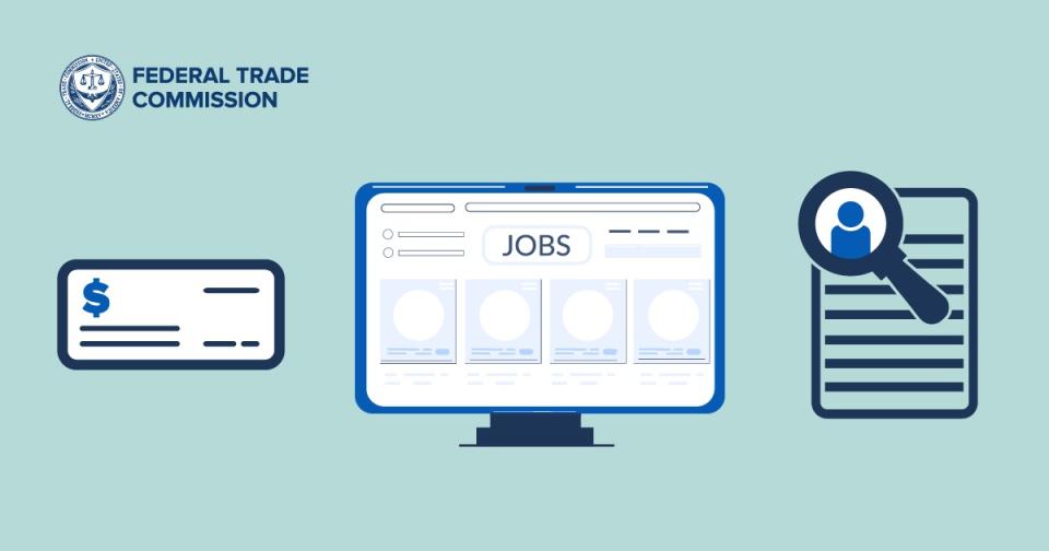 computer with jobs on the screen, document, and check on the sides