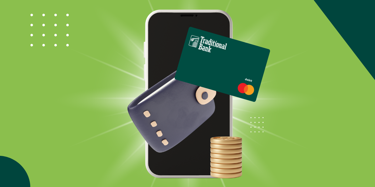 phone with wallet in front of it, coins stacked, traditional bank card on green background