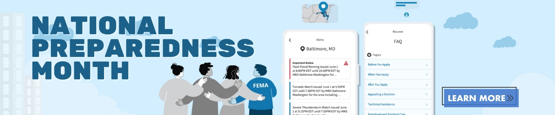 national preparedness month with people sitting and hugging and phone notification alerts 