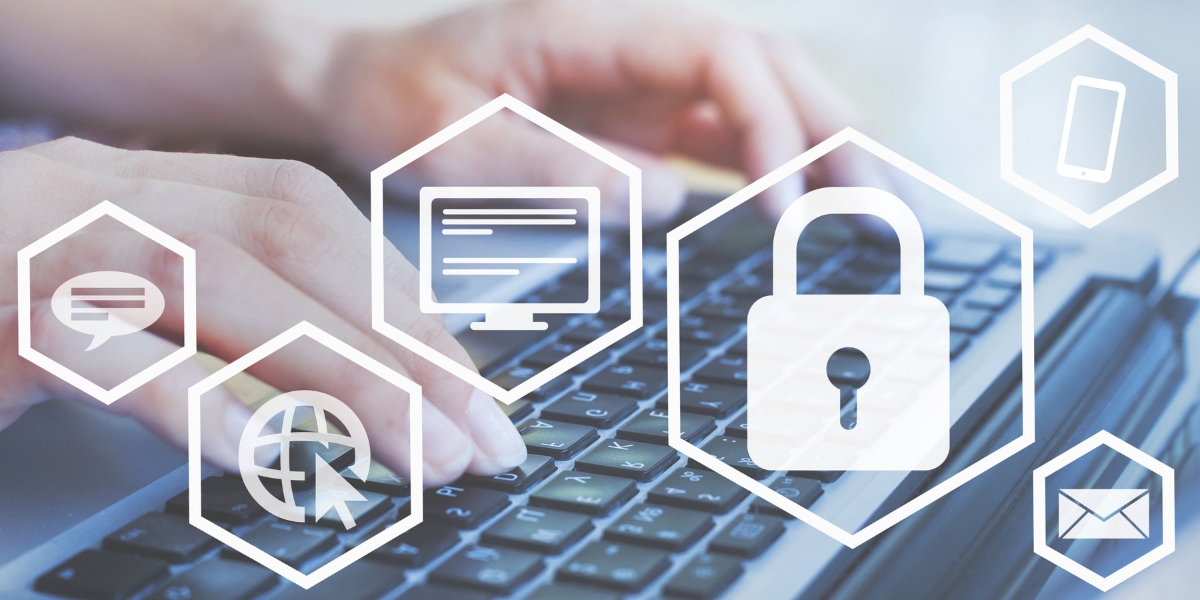 hands typing on keyboard with lock icons in foreground