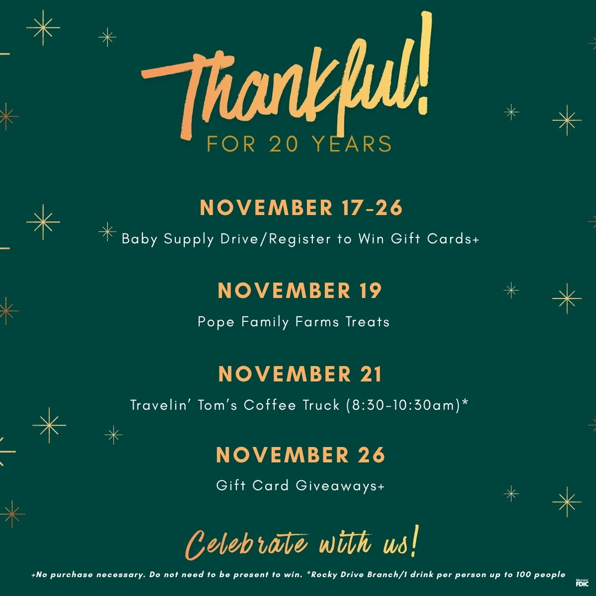 Thankful for 20 years - celebrate with us! With schedule for the week