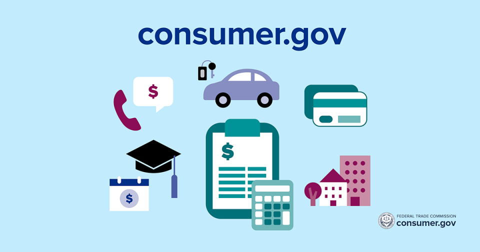 consumer.gov with car, cards, files, home emojis