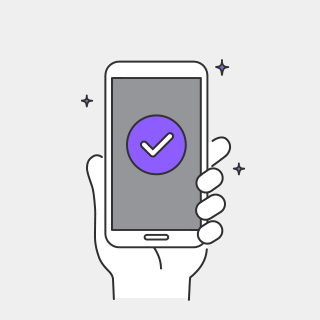 hand holding phone with purple checkmark on screen