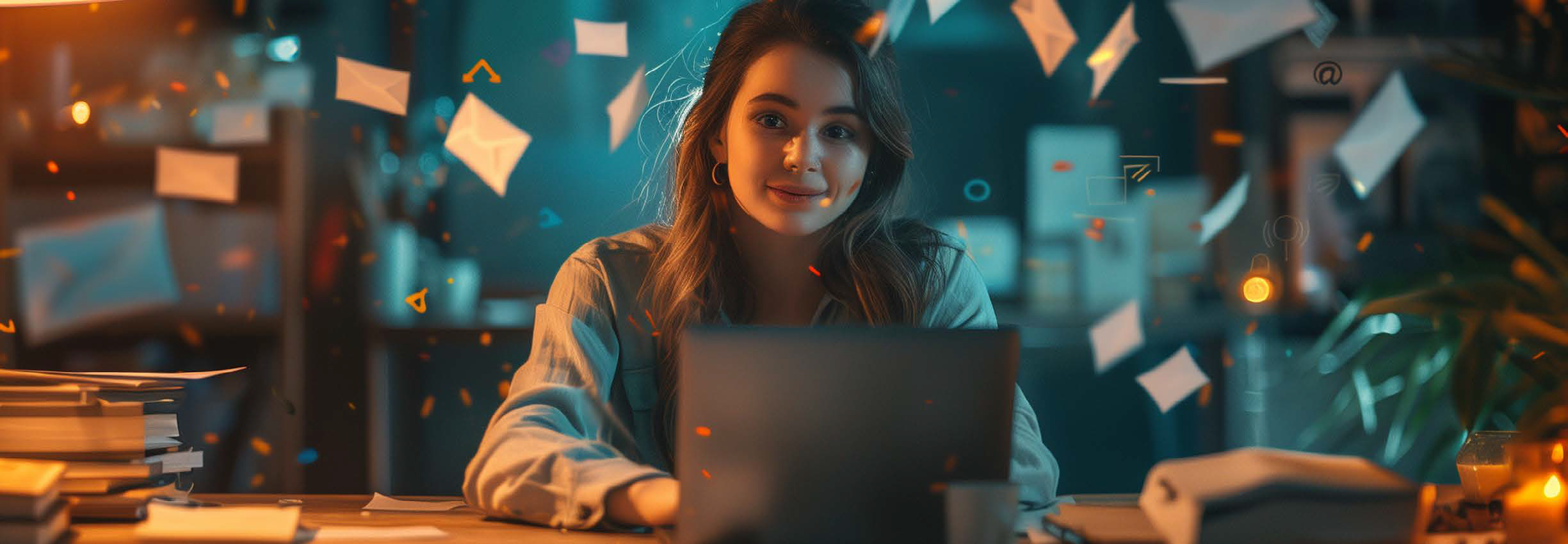 girl on laptop with mail flying all around her