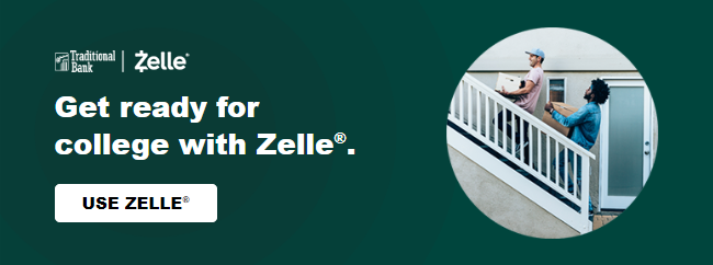 Get ready for college with Zelle - 2 guy friends moving boxes upstairs smiling