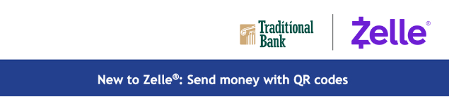 traditional bank and zelle logo with blue banner saying "new to zelle: send monery with qr codes"