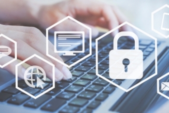 hands typing on keyboard with lock icons in foreground Banner