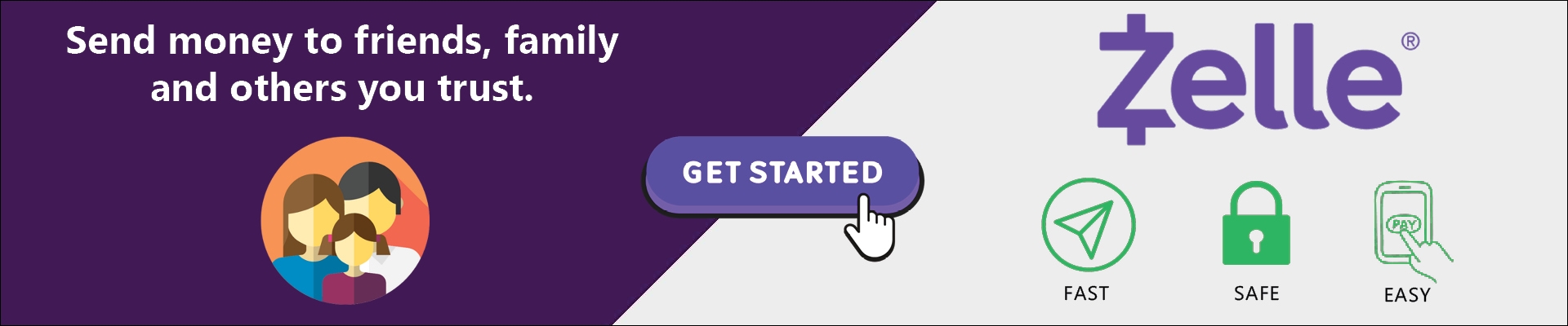 Get started with Zelle - Fast, safe, easy - send money to friends, family and others you trust Banner
