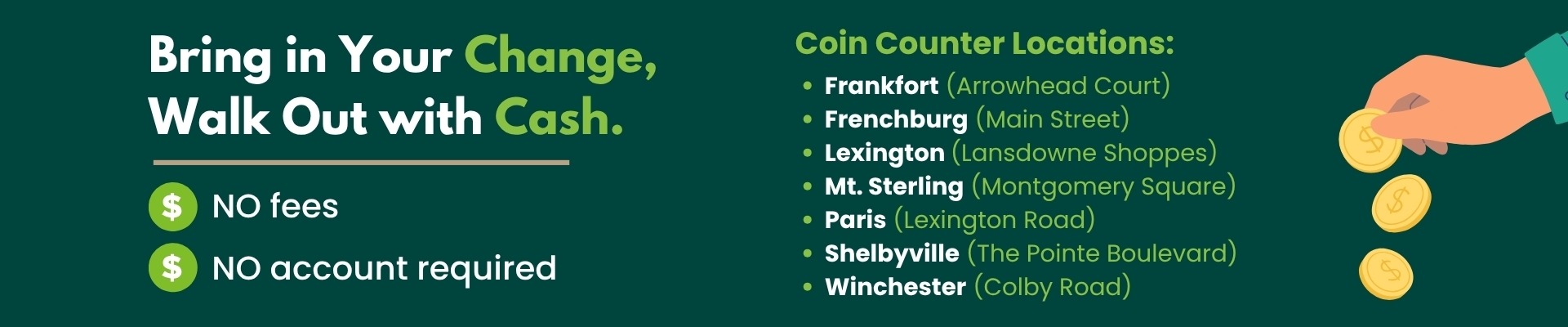 No Fee Coin Counter- locations included Banner