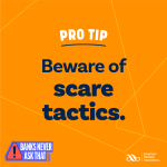 Text in white and navy on orange background that reads "Beware of scare tactics."