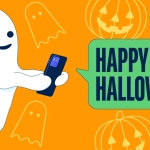 happy halloween with ghost typing on phone