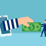 thief reaching through phone grabbing money from guy pulling on it