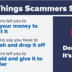 3 things scammers say: scammers tell you to move money to protect it, you have to get cash and drop it off, or buy gold and give it to a courier. Message from FTC