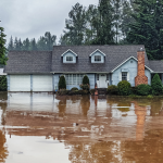 blue house sitting in flooded area