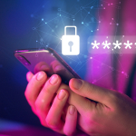 hands holding a phone with a lock symbol floating above with asterisks as a password