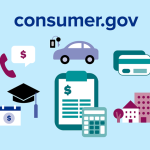 consumer.gov with car, cards, files, home emojis